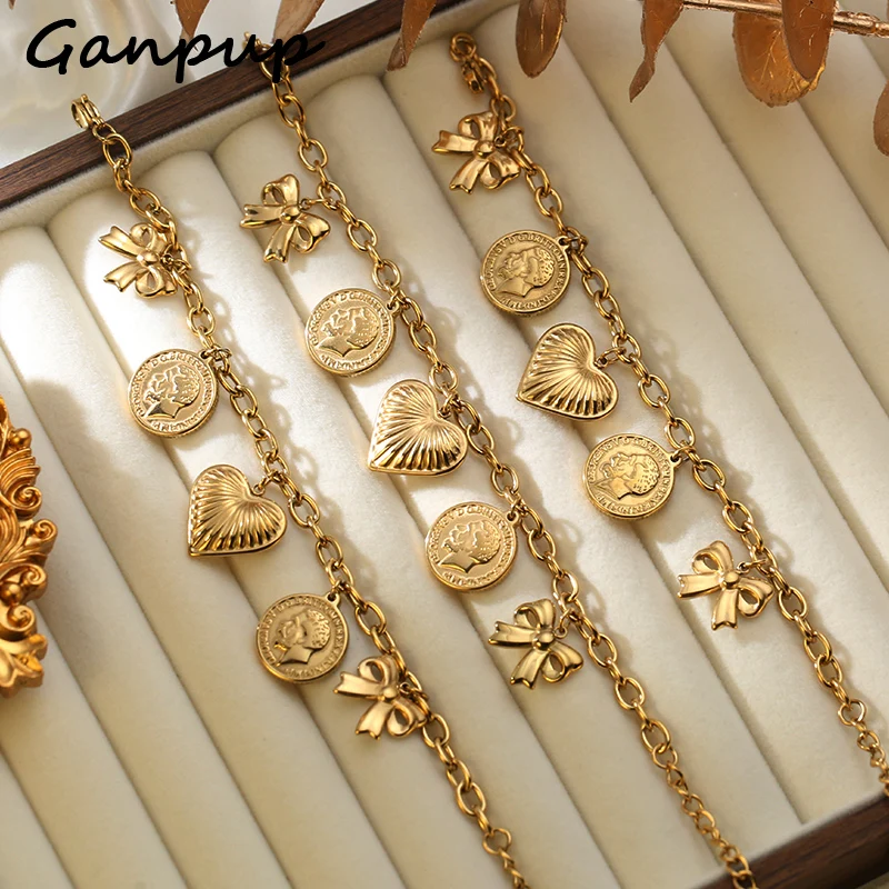 

GANPUP 316L Stainless Steel Heart Coin Bowknot Charms Bracelet Bangle for Women Luxury 18K Gold Plated Waterproof Jewelry Gift