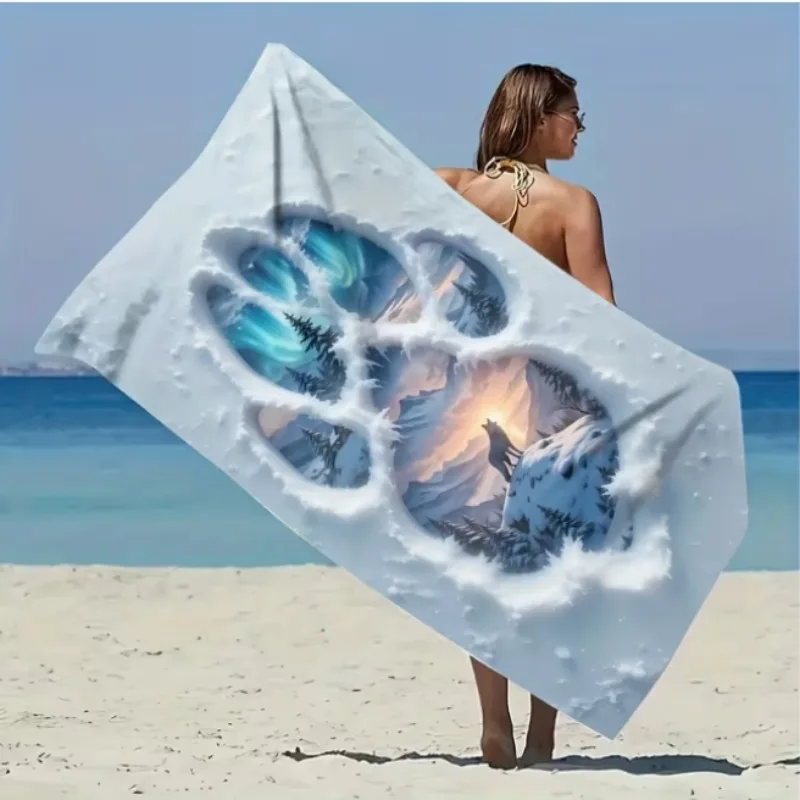Oversized Microfiber Beach Towel, Wolf Paw Print with Northern Lights, Quick Dry Sand Free