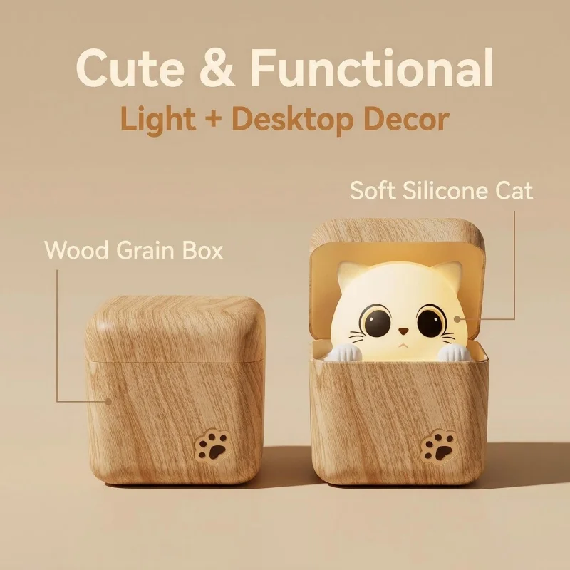 Kawaii Shy Cat Night Light - USB Rechargeable Sleep Lamp