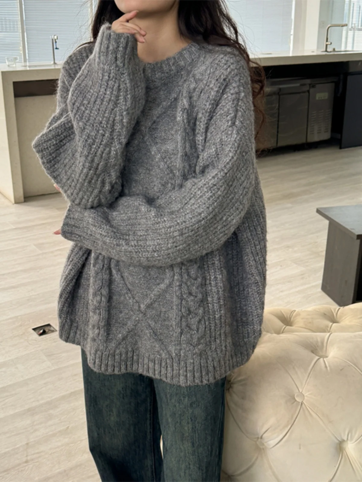 

Ay свитер женский ленивый свободный вязаный круглый пуловер Ne мягкий топ в стиле ретро зимняя коллекция