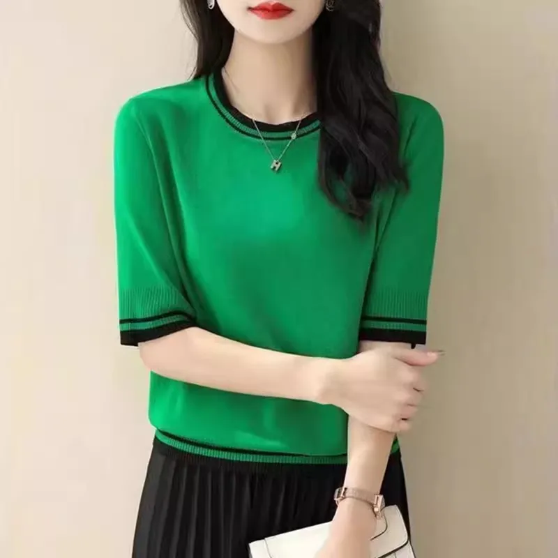 Female Korean New Round Neck Short Sleeve T-shirt Women\'s Underlay Fashion Half Sleeve Knitted Top Thin and Fashionable Pullover