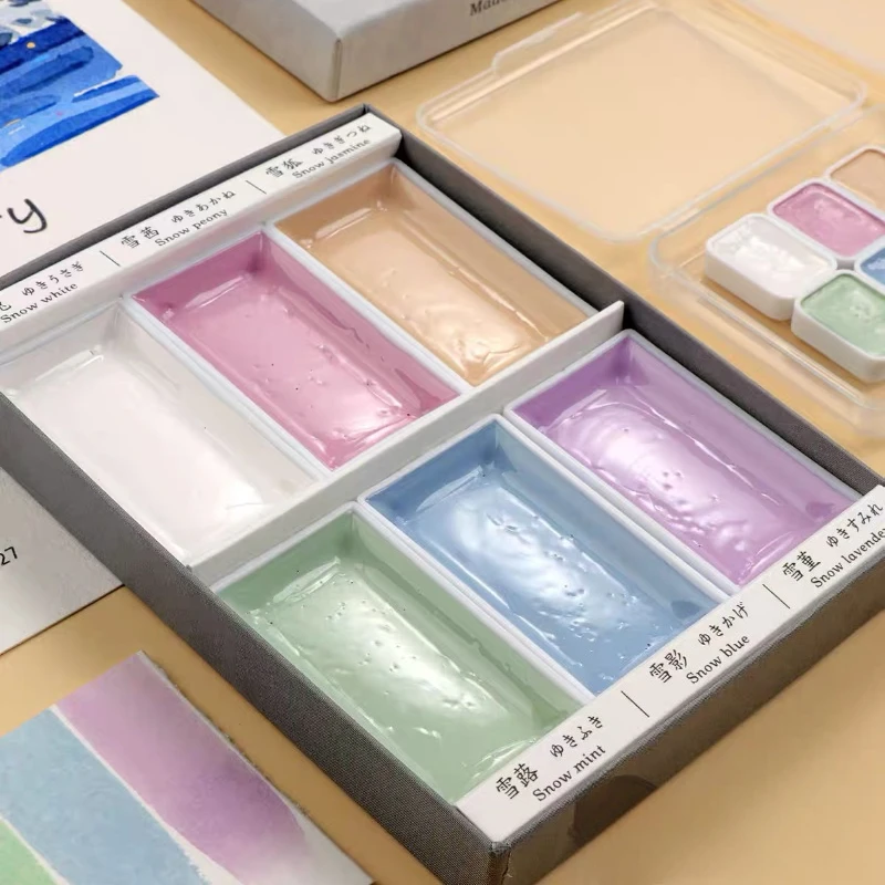 Japanese Ezumi Yuki 6 Color Solid Pigment Pastel Macaron Large Pan Watercolor for Journal Illustration Botanical Painting