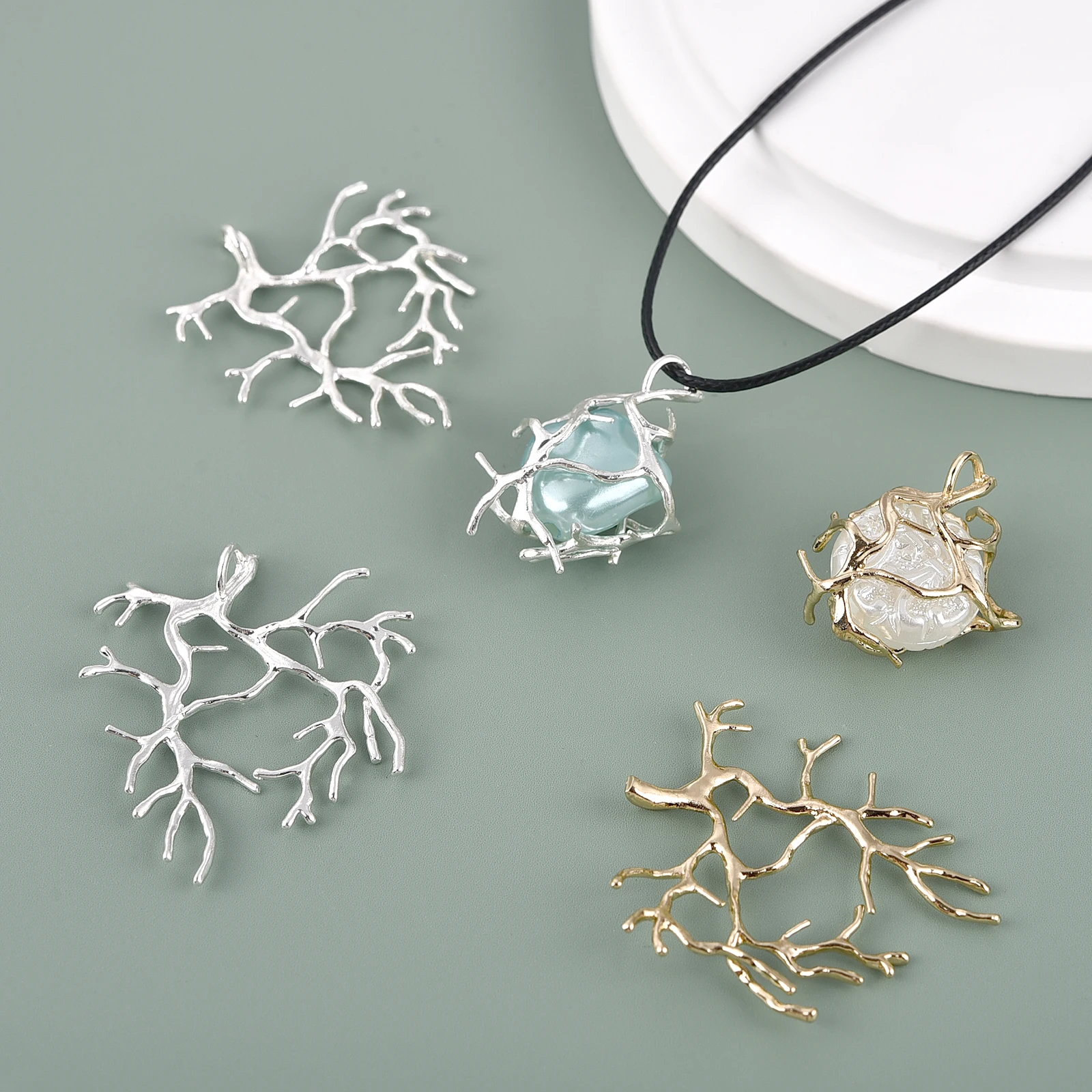 5Pcs Copper Plating Silver Tree Branch Blank Base Necklace Pendants For Cabochon Cameo DIY Jewelry Making Accessories 27X31mm image 4