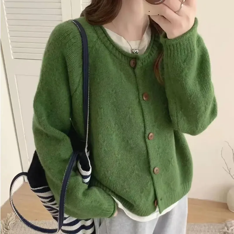 

Теплый свитер в стиле ретро, свободный корейский стиль, модный вязаный утолщенный кардиган, топ с круглым вырезом