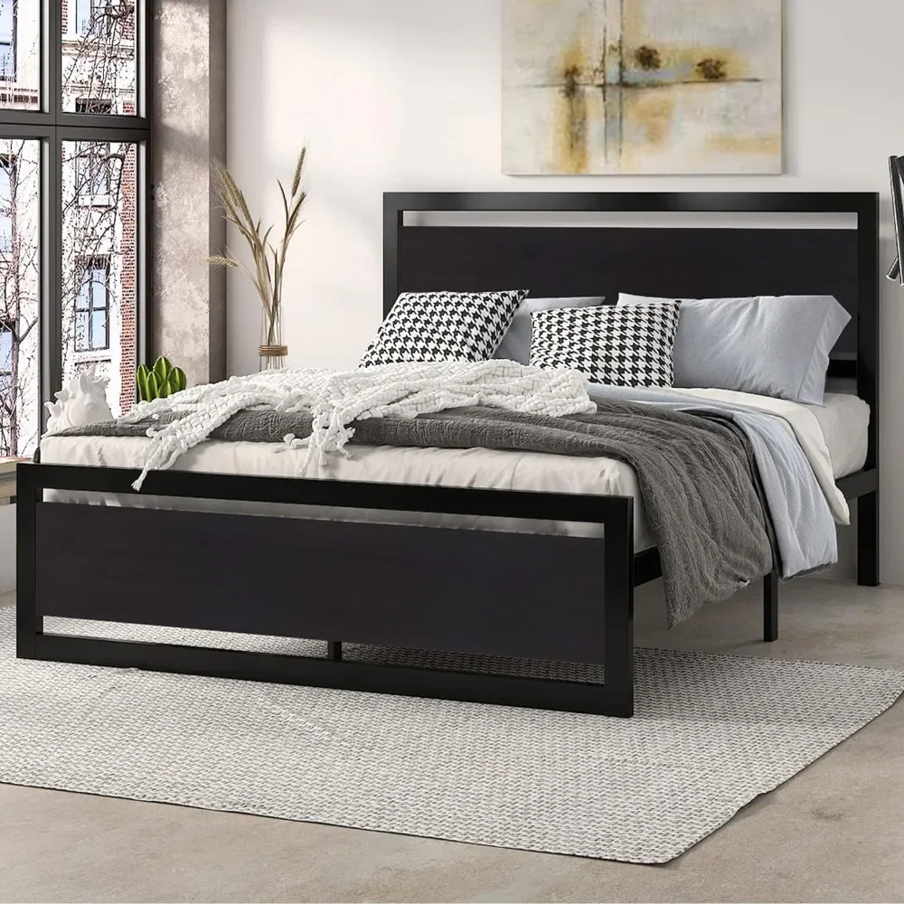 Metal Platform Bed Frame with Wooden Headboard, 15 Iron Slats, Large Underbed Storage, Easy Assembly, Bed Bases