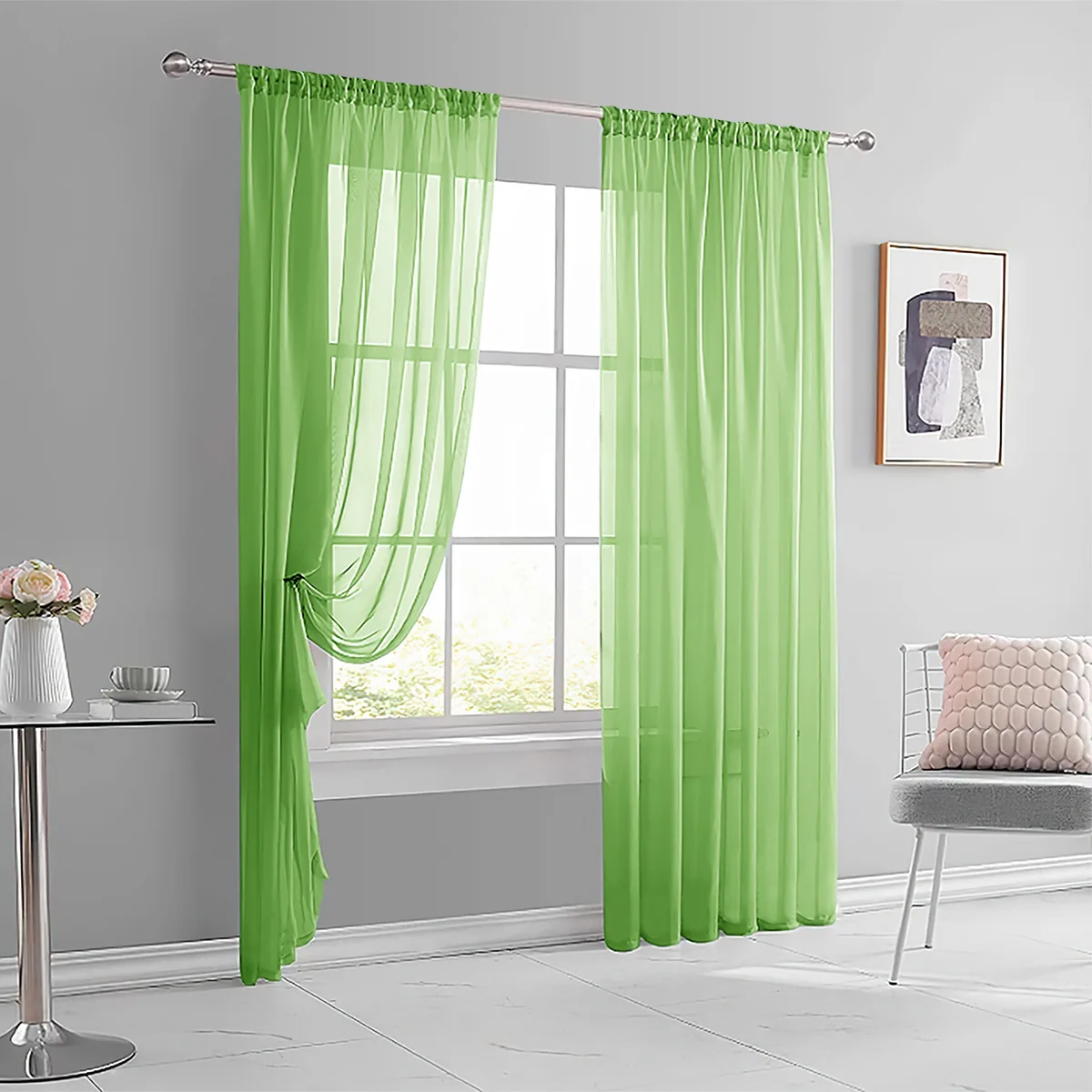 1/2 Stück Transparente Grüne Vorhänge mit Stangeneinschub, Halbtransparente Vorhänge, Lichtfilternde Voile-Fensterdrapierungen für Schlafzimmer und Wohnzimmer
