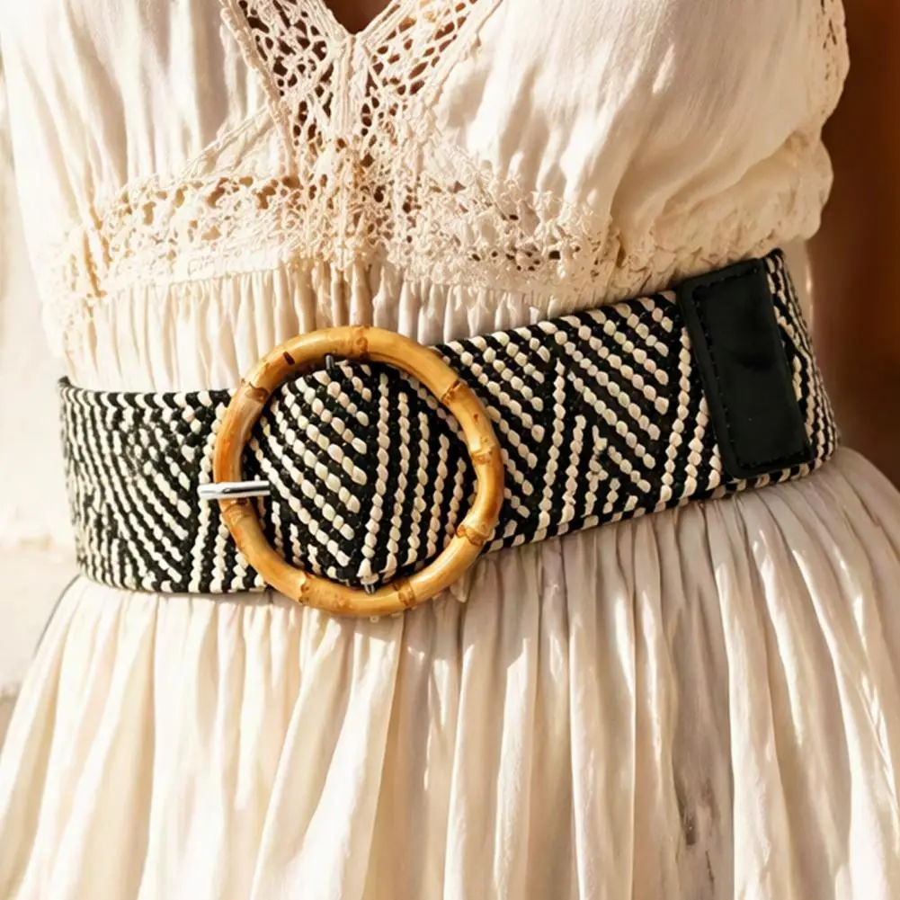 Straw Woven Belt with Buckle, Adjustable Elastic Boho Style Waist Belt, Decorative Braided Belt for Dresses Casual Outfits