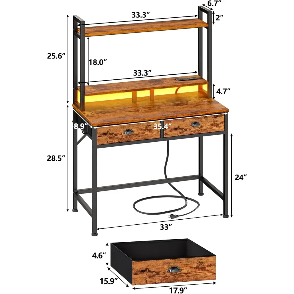 مكتب كمبيوتر صغير مع أدراج، مكاتب مكتب منزلية مقاس 36 بوصة مع مخرج طاقة وإضاءة LED، مكتب ألعاب مع حامل شاشة، Mo