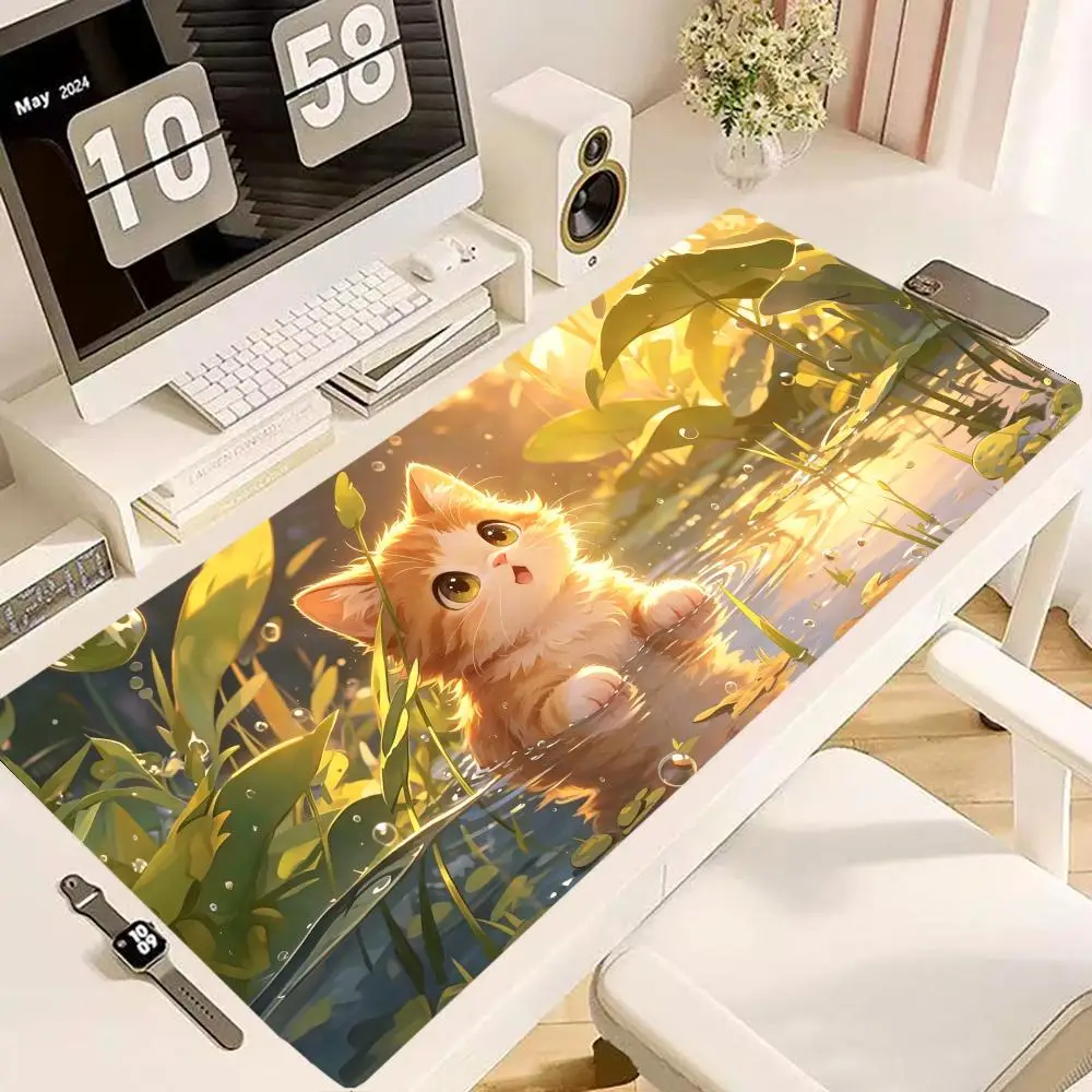 Warm sunset forest stream cute orange white kitten playmat gentle fresh gaming desk mat