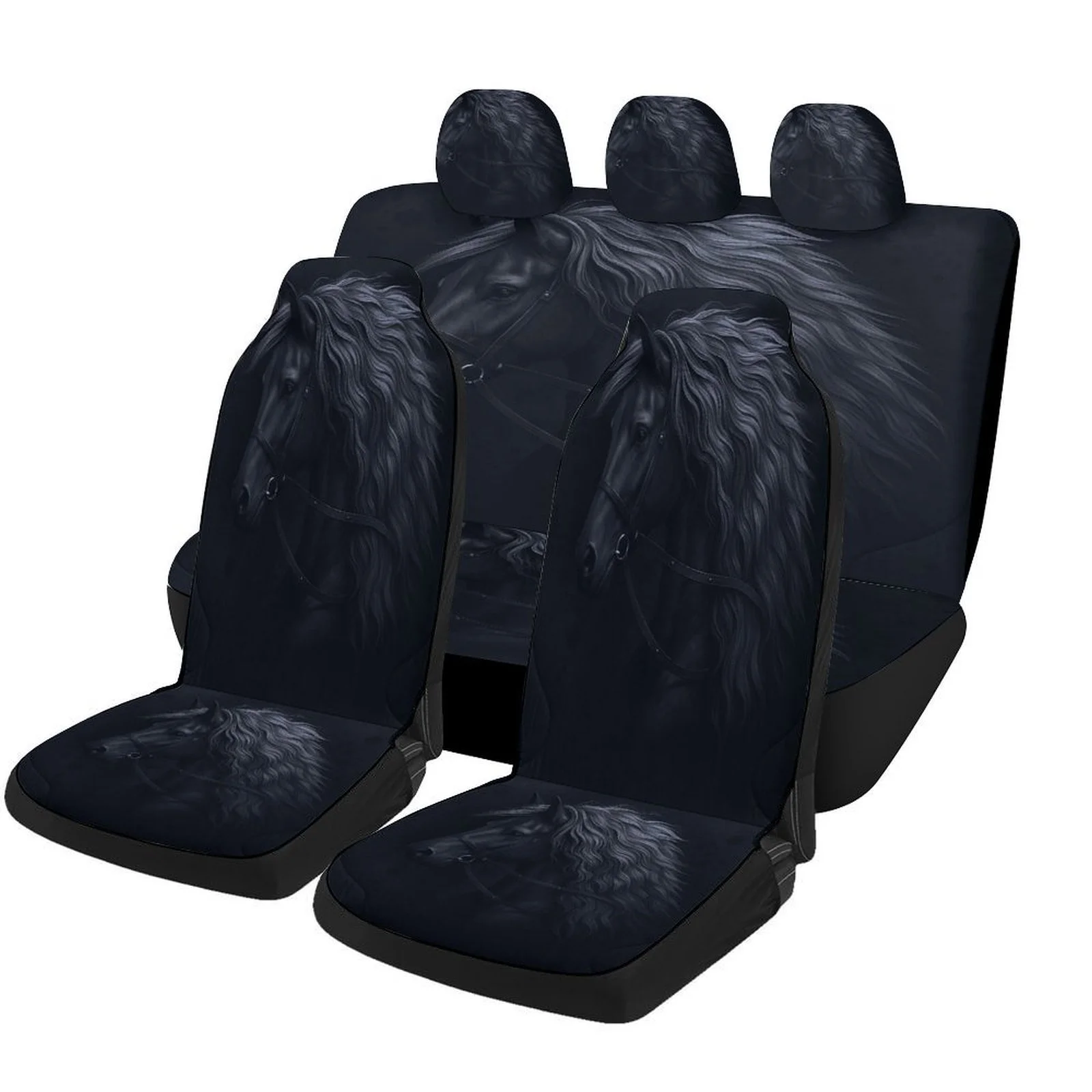 Black Horse Portrait Designed Car Seat Cover Set For Most Cars, High-quality Comfortable Car Seat Protector Covers Full Set, Uni