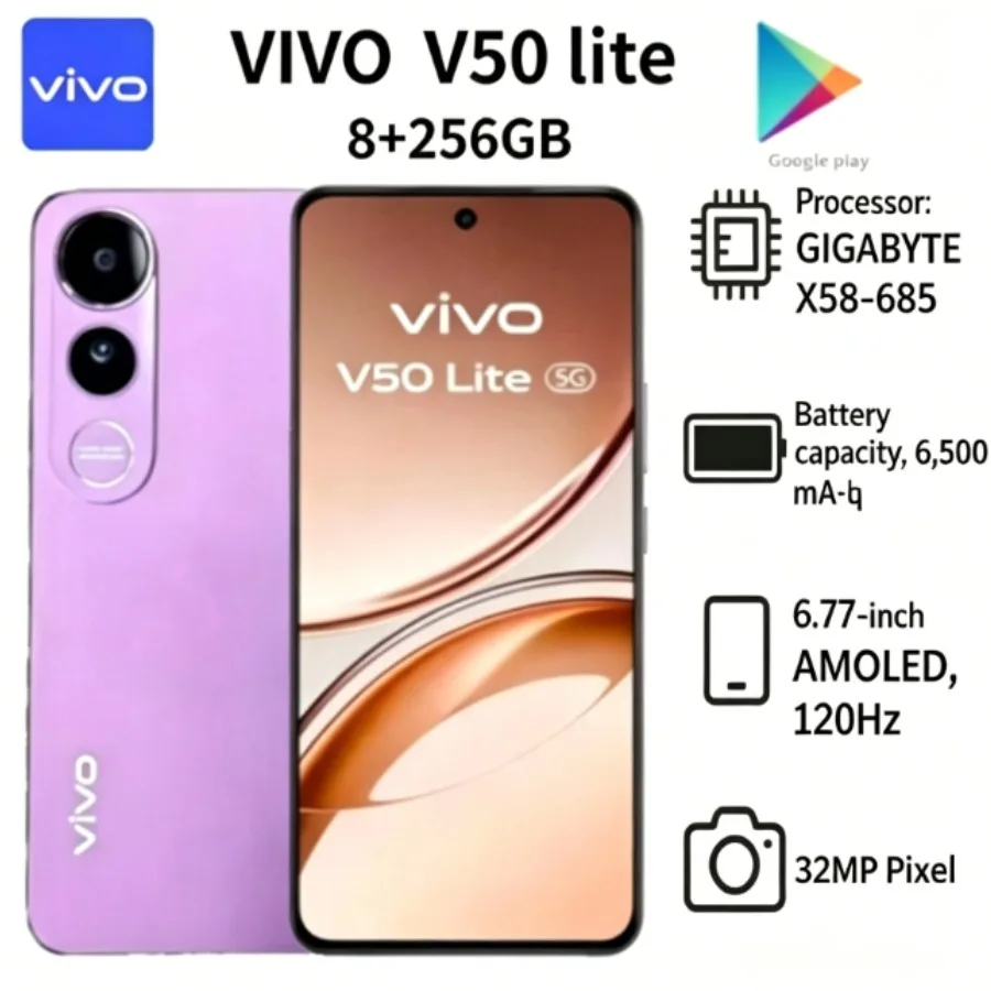 2026 New Vivo V50 Lite with 6500mAh Battery 50MP Dual Camera 8+256GB High-End, The Gold Color Is Currently Out of Stock