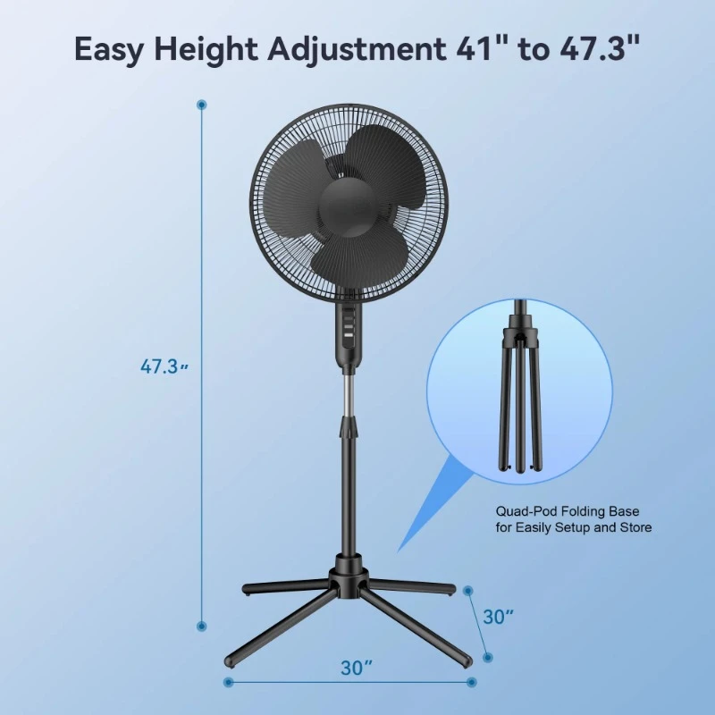 Ventilador de Pedestal oscilante de 3 velocidades, 16 ", Base plegable, altura e inclinación ajustables, 41"- 47 ", negro