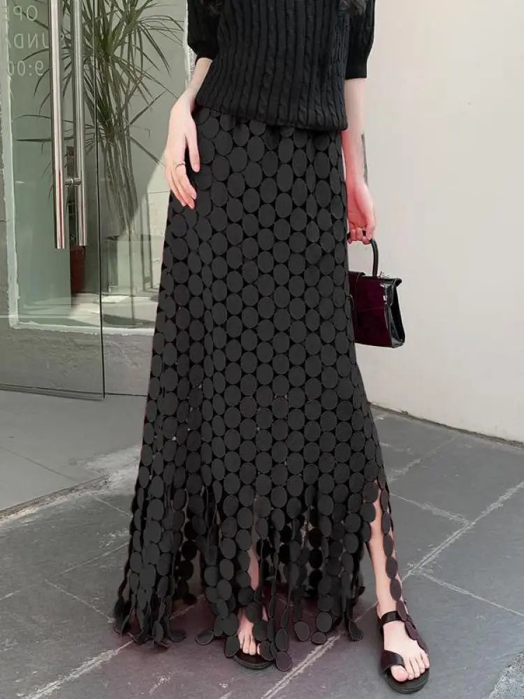 

French Vintage Black White Dot High Waist Vacation Pleated Skirt Summer Women Rose Red Elegant Slim Long Skirt Ladies Simplicity