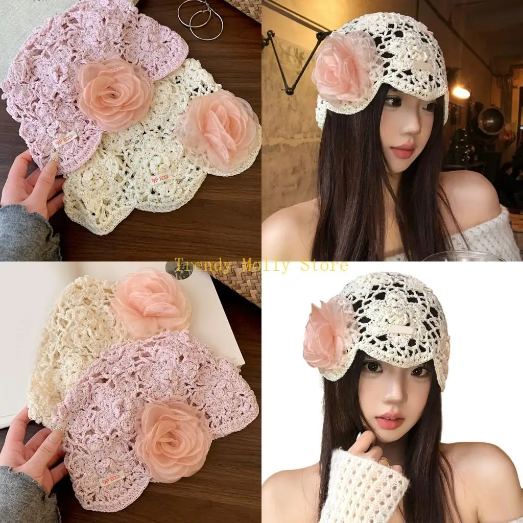 N5KB Modern Korean Winter Hat With Perforated And Rose Flower Decor Suitable For Various tasks