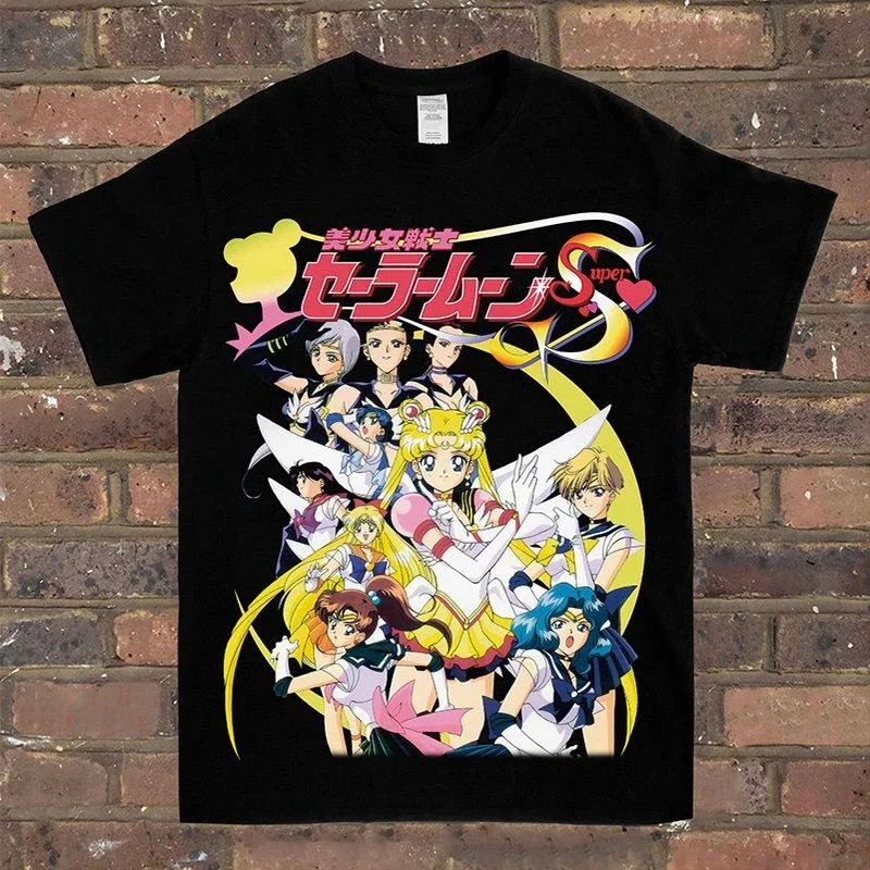 2026 Summer Sailor Moon Retro Cosplay T-shirt Men's Oversize Casual Cotton Printed Short-sleeved Unisex Children's Sports Shirt