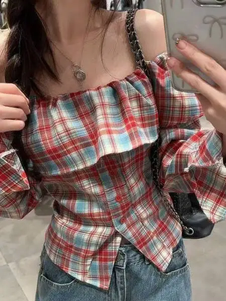 

Женские облегающие туфли в стиле ретро с бантами на плечах, длинные свеки, дизайн на одно плечо, клетчатый узор, ранняя осень, новое поступление