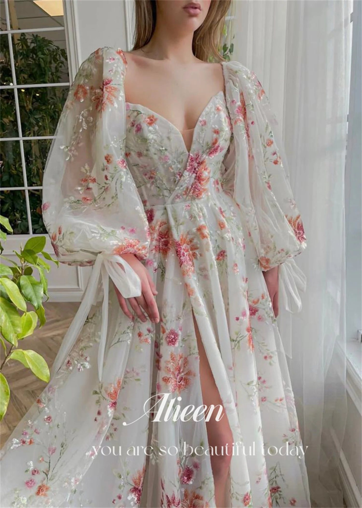 Aileen vestidos de fiesta elegantes con lentejuelas y cuentas, vestidos de noche con apliques de flores, mangas abullonadas, abertura lateral alta, línea A