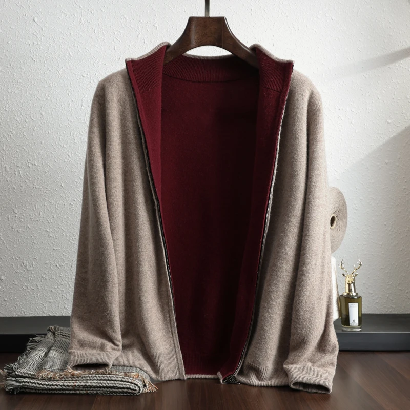 100% Pure Wool Cardigan Men\'s Stand-Up Collar Zipper Sweater Both Sides Can Wear Knitted Coat Casual Autumn Winter Thick Jacket