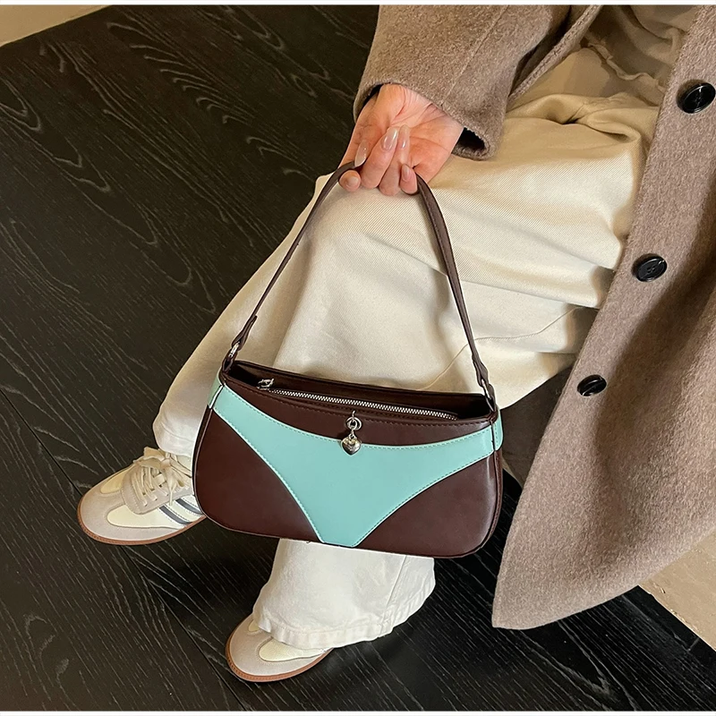 Umhängetasche, Handtasche in V-Form, kreative, modische Vintage-Handtasche für Damen, ideal für den täglichen Gebrauch und den Weg zur Arbeit, mit Farbblock-Design. – Detail 10