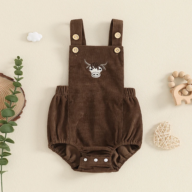 

Suefunskry Baby Boy Corduroy Overalls Cattle Embroidery Square Neck Sleeveless Romper Toddler Casual Jumpsuit