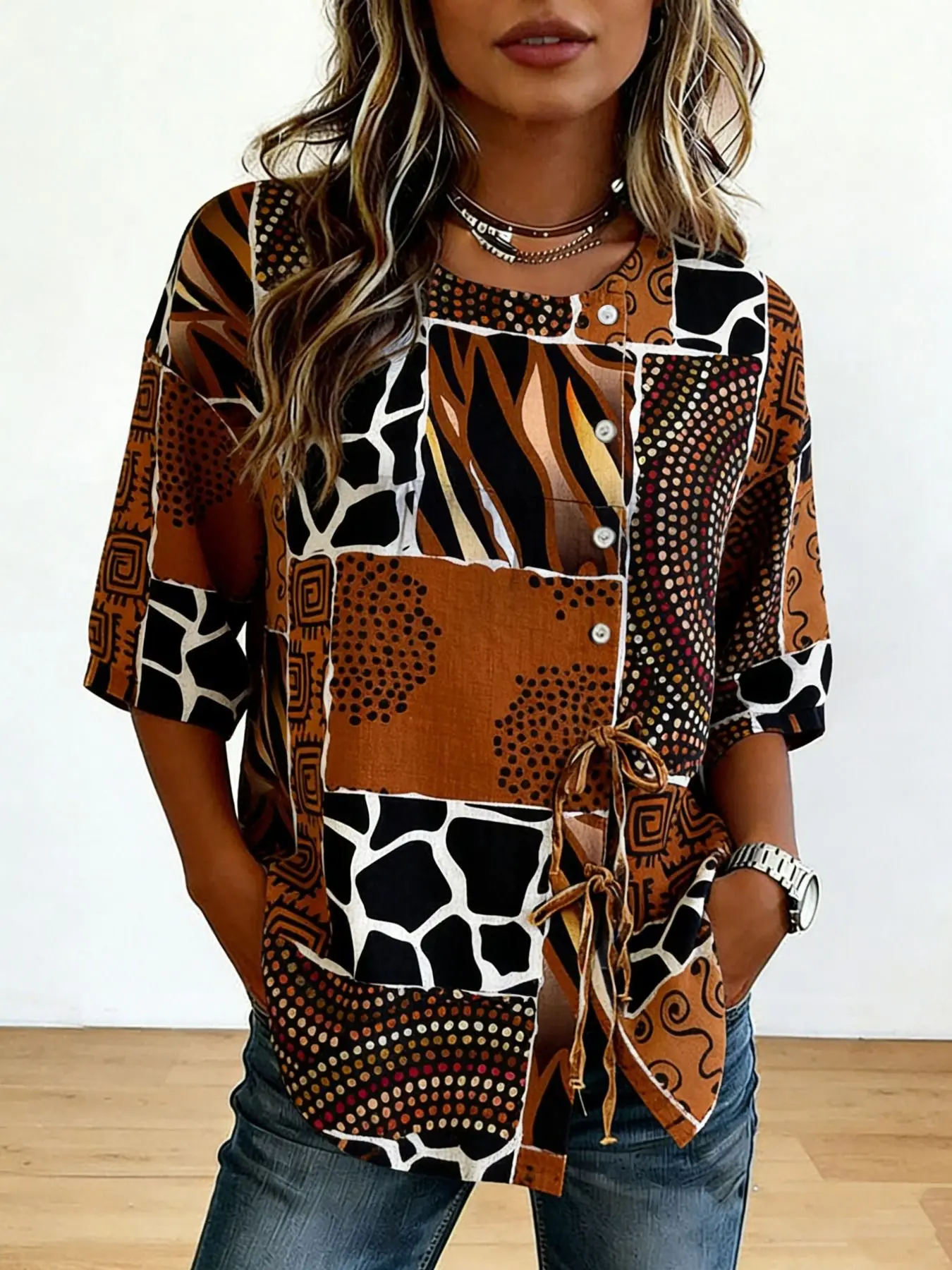 Women's Spring Summer 3D Printed Button Front Drawstring Retro Blouse, Brown Leopard Snake Heart Geometric Patchwork Top