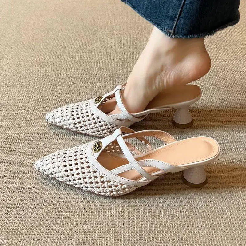 الفرنسية قسط عالية الكعب النساء النعال زهرة أنيقة البغال أحذية الكعب الصنادل 2025 الصيف الشرائح فستان مضخات أحذية امرأة