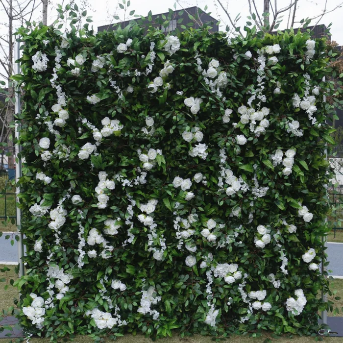 

3D luxury white roses and green leaf artificial plants flower wall proposal wedding garden background decorative props