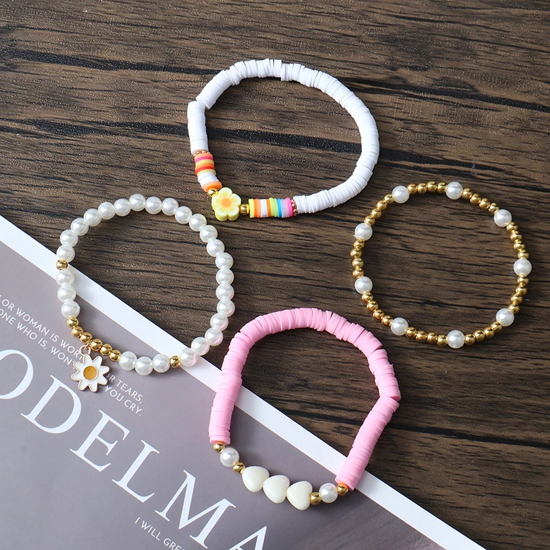 HI MAN 4 Pcs/Set White Flower Pendant Pearl Bead Soft Pottery Bracelet Bohemian Handmade Daily Occasion Popular Accessory