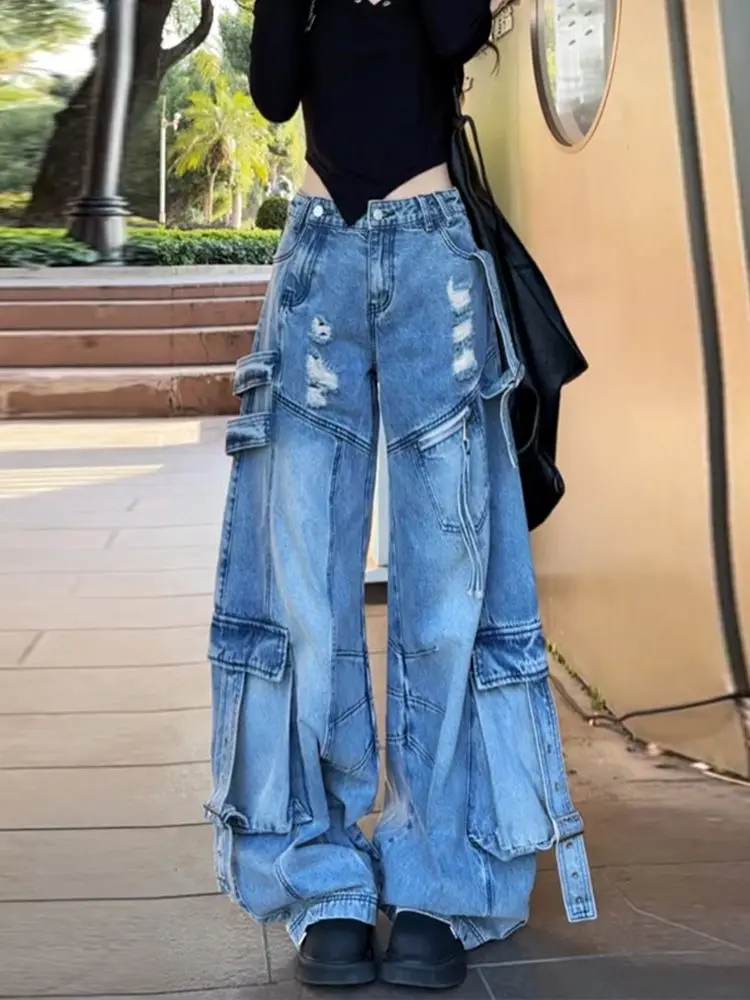 

Ripped Heavy Industry Jeans For Women In Spring New Style Street Ripped Large Pocket Wide-Leg Trousers For Women