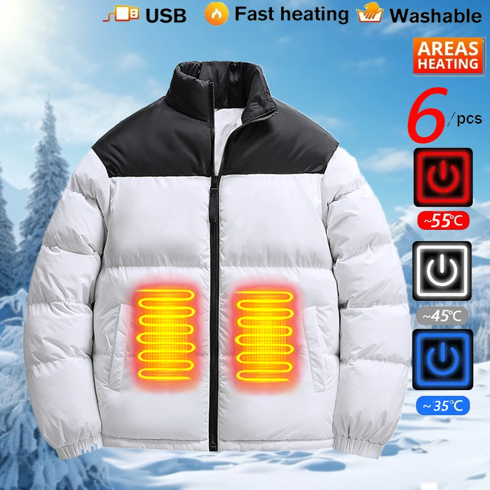 

6 Heating Zones Smart Switch Electric USB Heated Cotton Jacket Control 3 Gear Adjustment Winter Outdoor Sportswear Heated Coat
