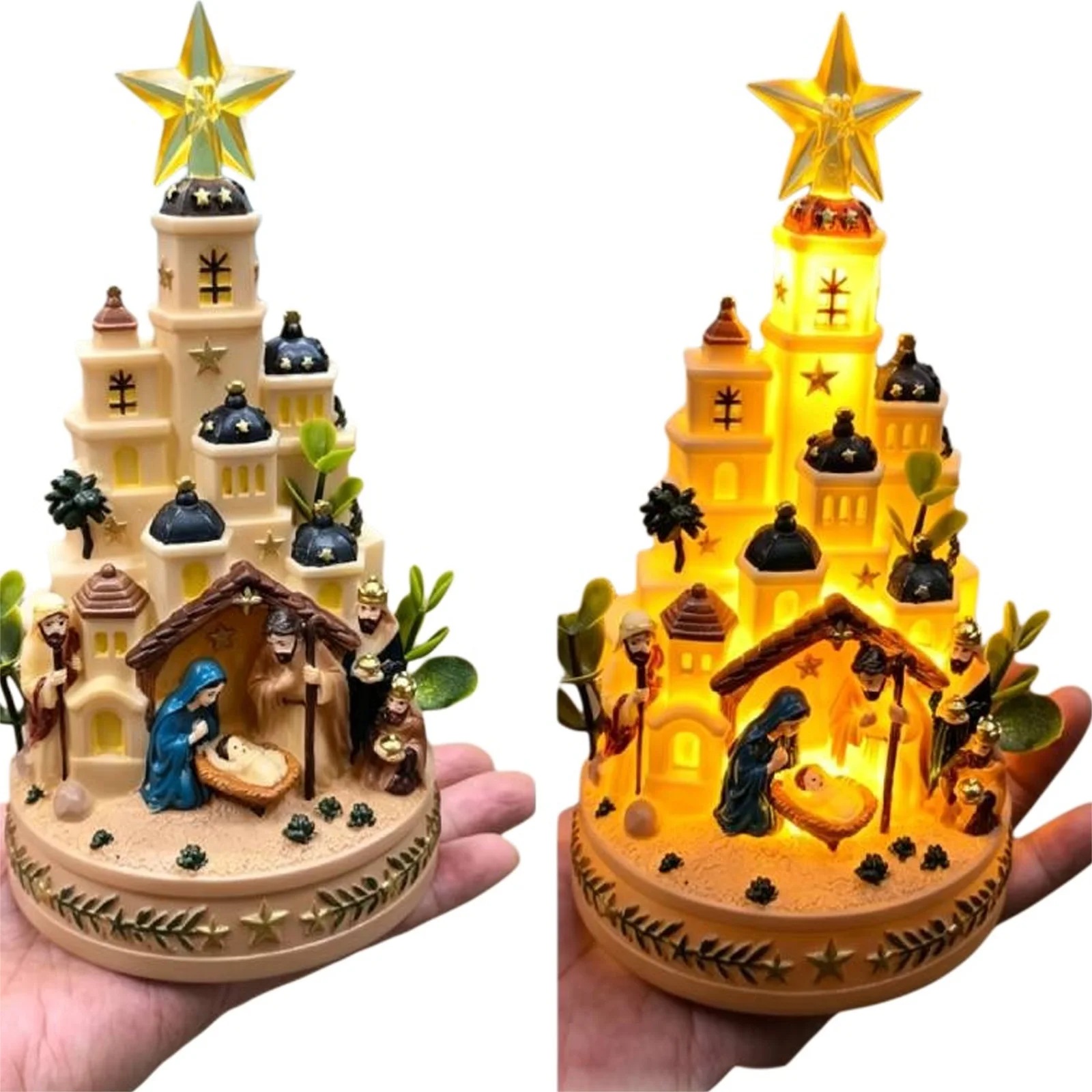 Nativity Scene Decor Bethlehem Nativity Church Glowing Star Scene Christian Religious Table Centerpiece Decor for Home Fireplace