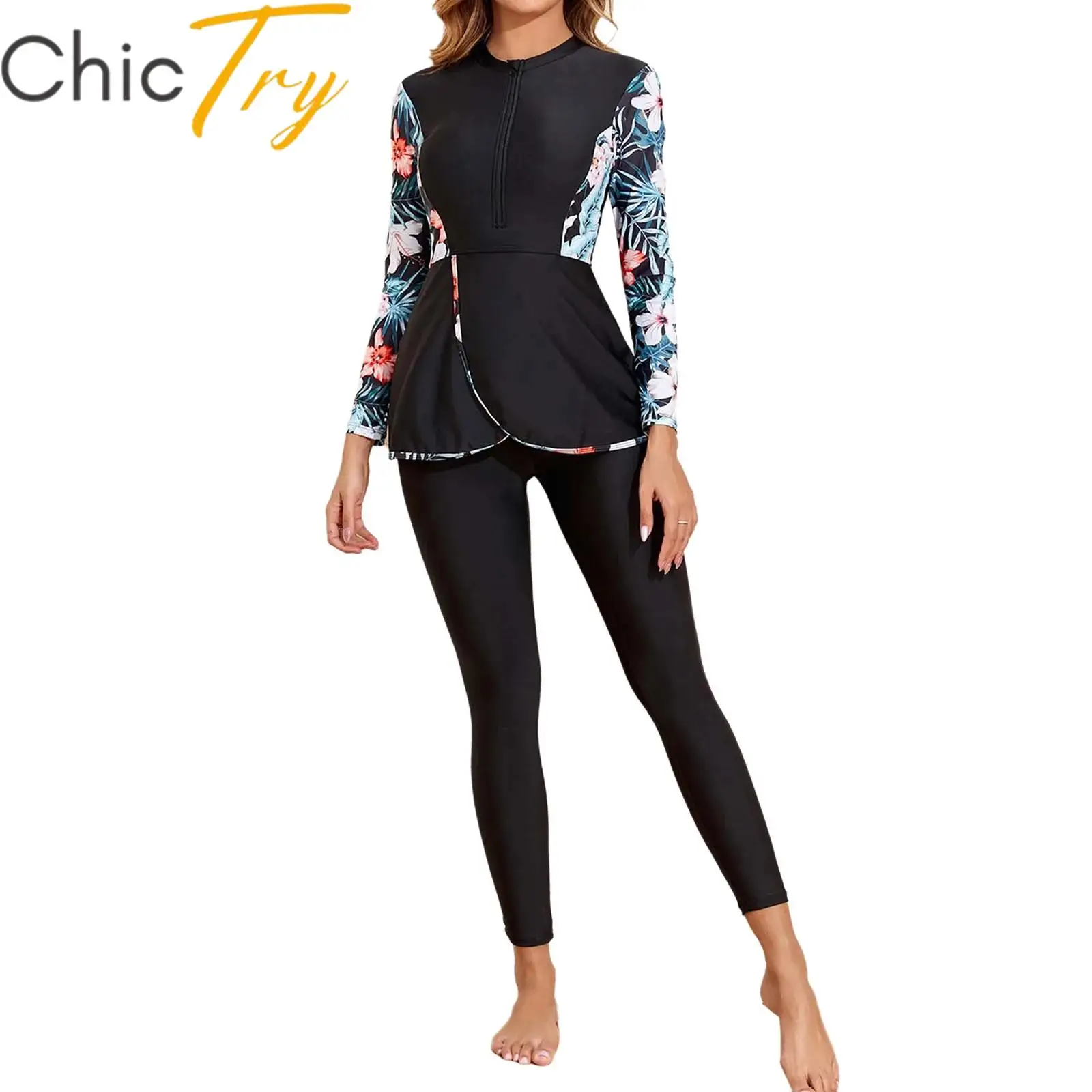 

Womens Full Coverage Rash Gurad Long Sleeve Shirt and Leggings Floral Print Muslim Swim Bathing Suit Swimsuit for Surfing Diving