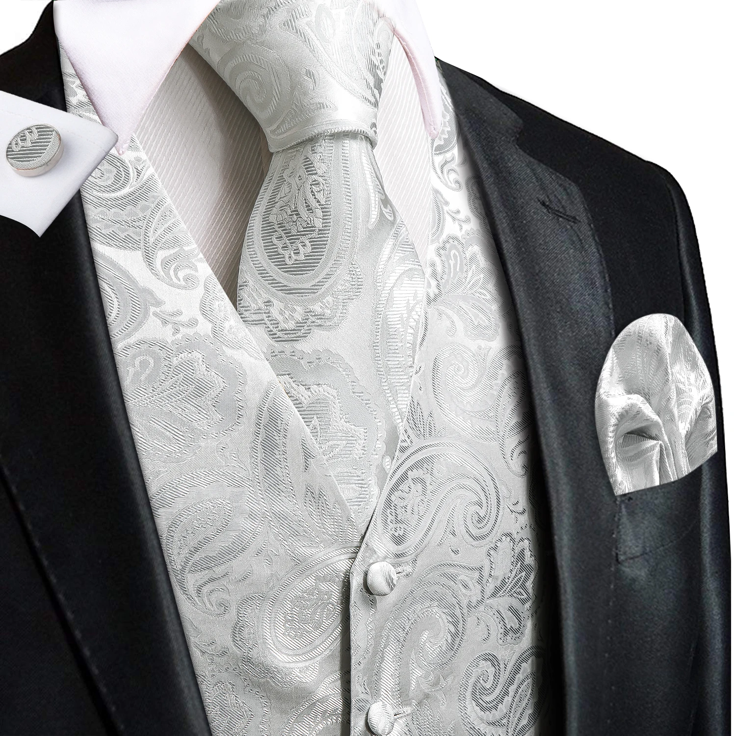 Hi-Tie Luxury Silk Mens Waistcoat Tie Set White Black Gray Silver Brown Sleeveless Jacket Suit Vest Necktie Hanky Cufflinks Gift