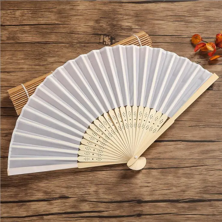 White Folding Elegant Cloth Hand Fan with Gift bag Wedding & Party 21cm