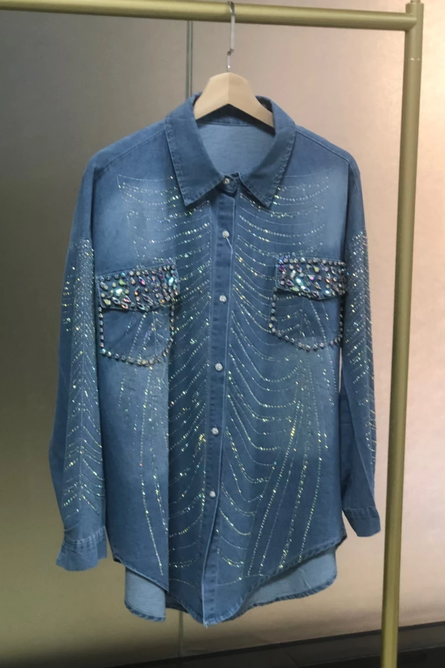 New In Autumn Sparkle Diamonds Mid-length Denim Shirts & Blouses For Women\'s Fashion Trend 2024   Tops Blusas Woman Clothes