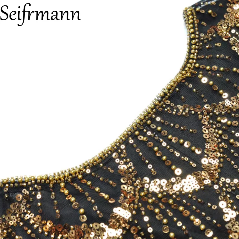 Seifrmann Pailletten-Nagelperlen-Umhang, langärmelig, elastische Taille, gefälschtes zweiteiliges Kleid, 2025, Herbst, neuer Artikel