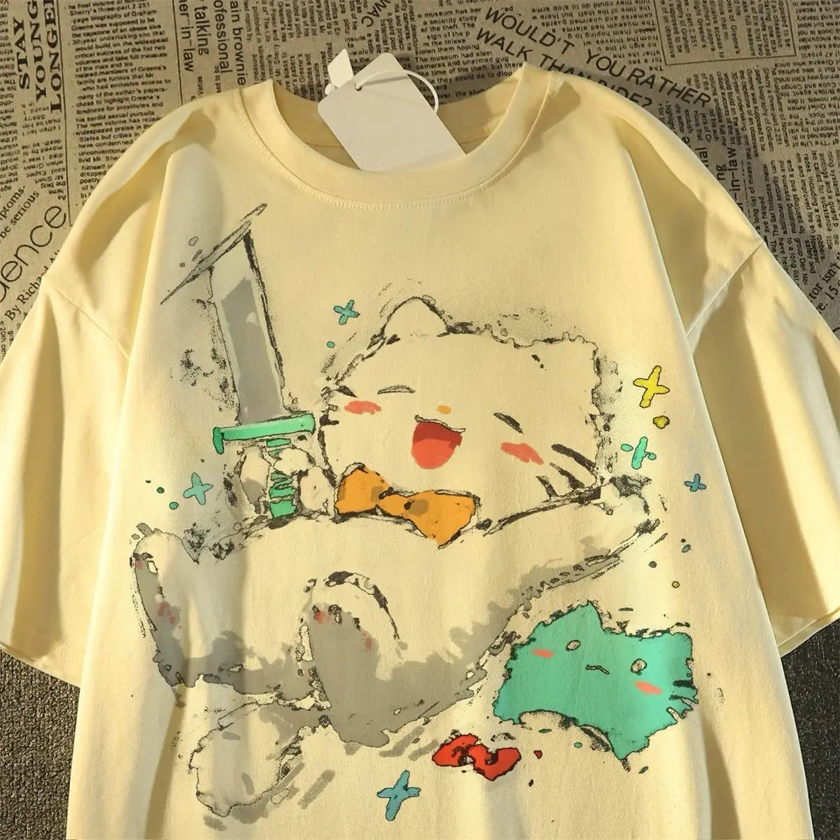 

Футболка с короткими рукавами из чистого хлопка в японском стиле ретро с рисунком кота, мужская и женская летняя новая футболка большого размера