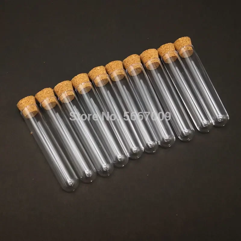 50pcs 12x60mm Lab Clear Plastic test tube with Cork Cap Stopper Round bottom Laboratory or Wedding favours Spice Tube