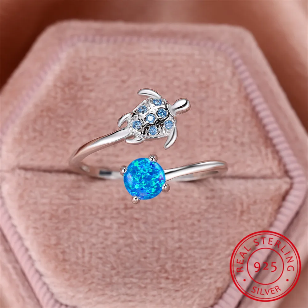 Blue Opal Stone Sea Turtle Ring Real 925 Sterling Silver Engagement Rings For Women Wedding Band Animal Jewelry