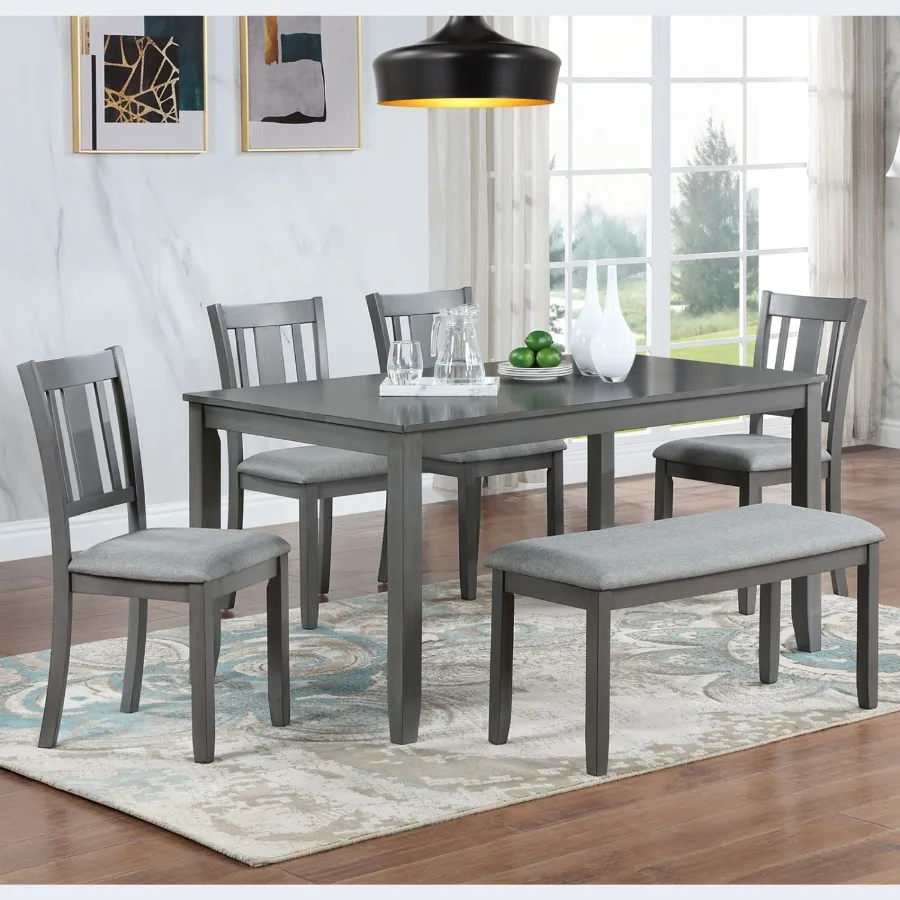 

6 Piece Kitchen Dining Set Rectangular Wooden Dining Table with 4 Upholstered Chairs and a Bench Dining Table Set for 6 People
