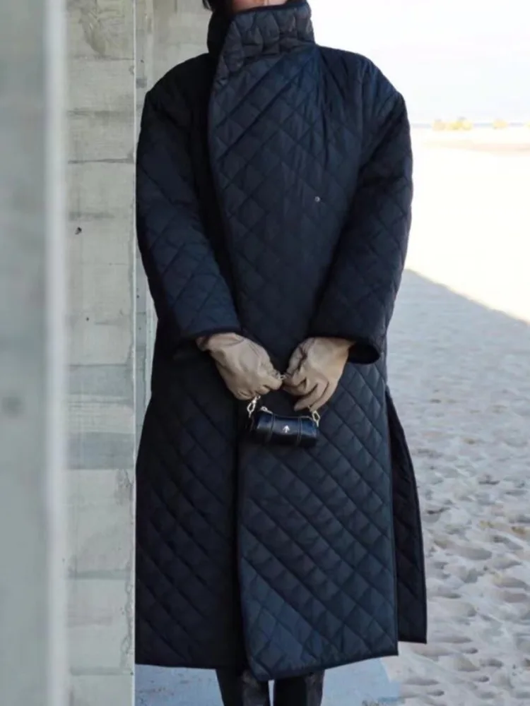 LANMREM-casaco acolchoado de algodão para mulheres, manga comprida, lapela grande, estilo solto, padrão rhombic, parkas pretas, moda inverno, CP2161