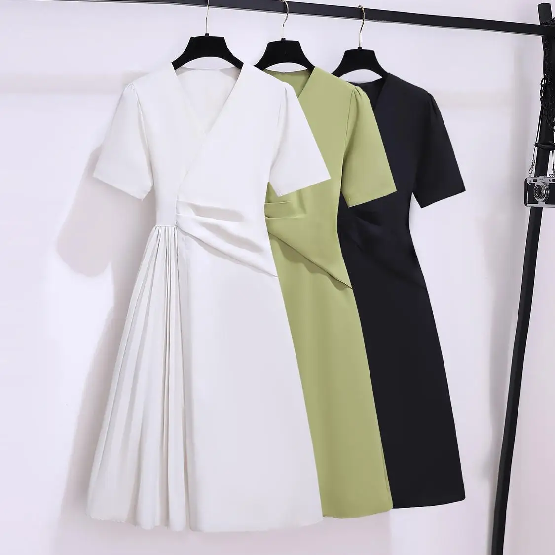 

Women Formal Occasion Elegant Party Dress Summer Short Sleeve V Neck Pleated A Line Dresses Female Robe Office Work Clothing