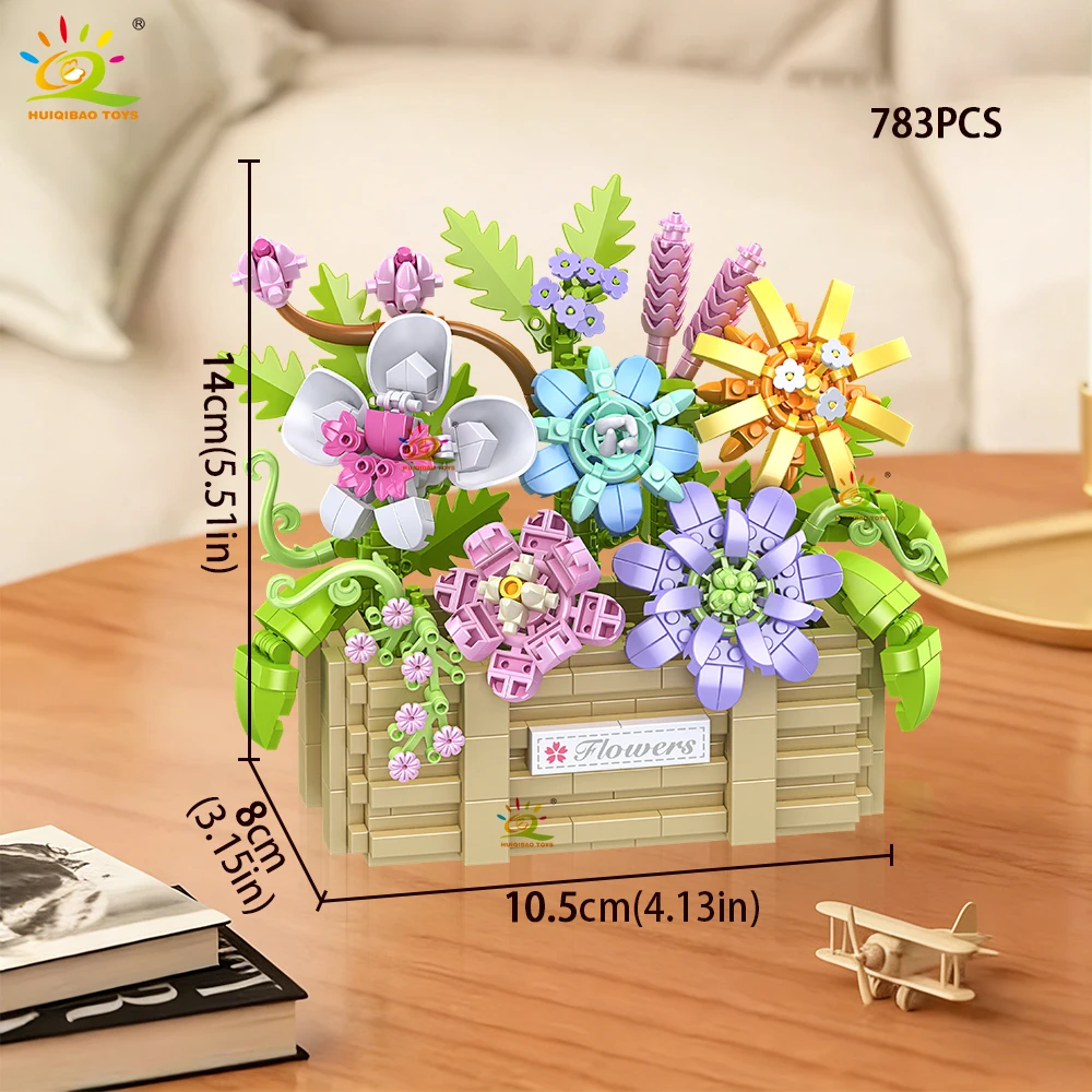 HUIQIBAO MOC Rosen-Sonnenblumen-Blumentopf Mikro-Baustein-Set DIY Blumenstrauß-Korb Mini-Diamant-Bausteine Kinderspielzeug Schreibtisch-Deko – Detail 13