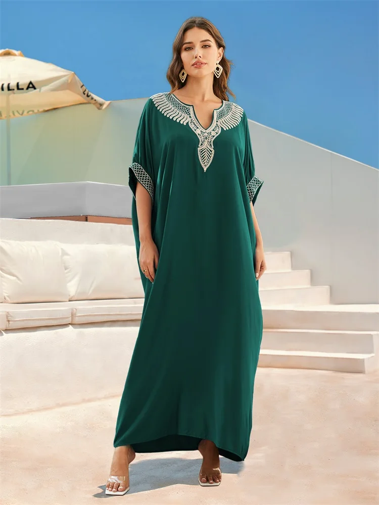 Vintage Chic Embroidered Robe V Neck Lantern Sleeve Kaftan 2024 New Green Long Dress Beach Swimwear Coverup Cozy Homewear Outfit