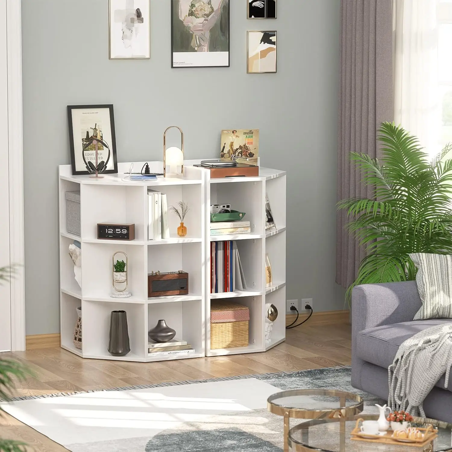 Corner Cabinet, Storage with USB Ports and Outlets, Wooden Cubby Bookshelf with 9 Cubes for Small Space,