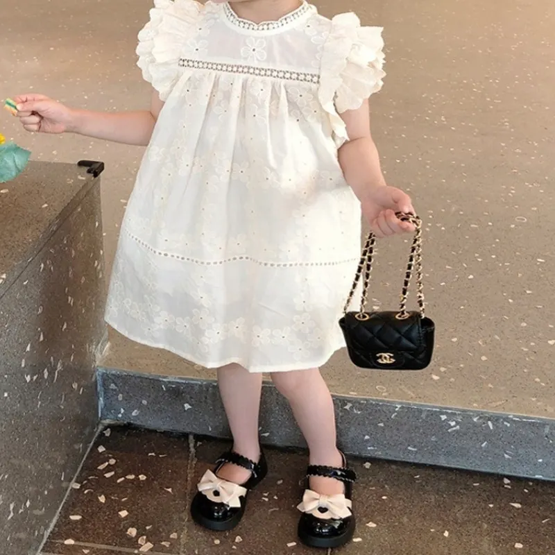 Fashion Baby Girl Princess Cotton Lace Dress Infant Toddler Child Fly Sleeve Vestido Flower Hollow Out Baby Clothes1-10Y