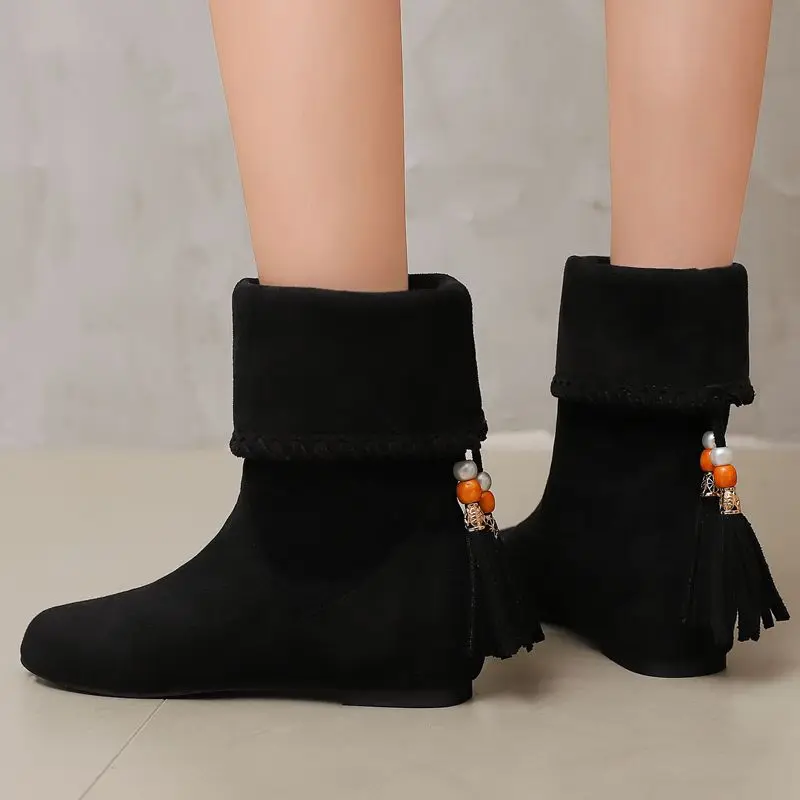 SIMLOVEYO مصمم النساء منتصف العجل الأحذية جولة تو قطيع الجلد المدبوغ الشقق ثنائي ارتداء حجم كبير 46 47 48 الإناث هامش الخريف