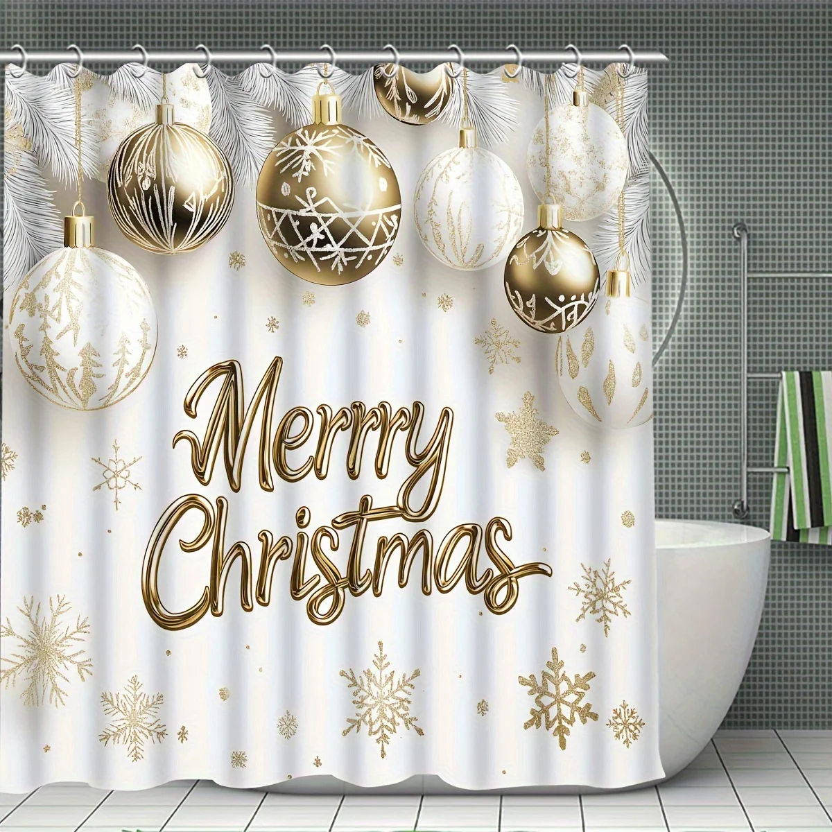 4PCS Christmas Gold & White Shower Set – Merry Christmas Scene 12 Hooks Non-Slip Mat Toilet Lid Cover Bath Rug Holiday Decor