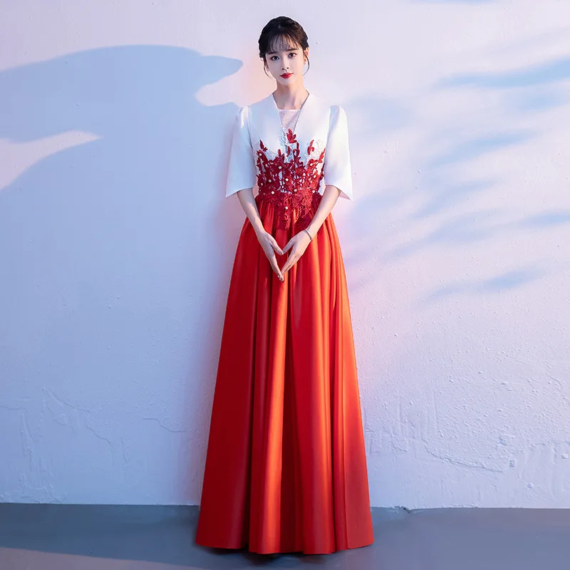 Evening Dress Women's Piano Guzheng Red Song Chorus Conductor Costume Performance Host Vocal Music Art Test Clothing