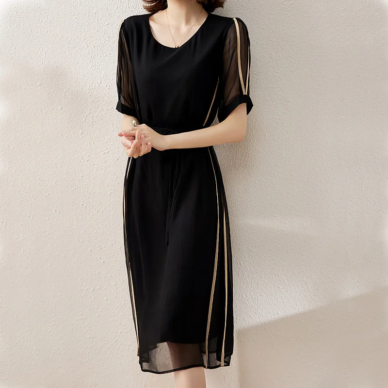 

Women's Fashion Silk Floral Dresses 24 Spring Summer Ladies Sexy Office Work Daily Beachwear Fairy Body Con Dress Black Chinffon